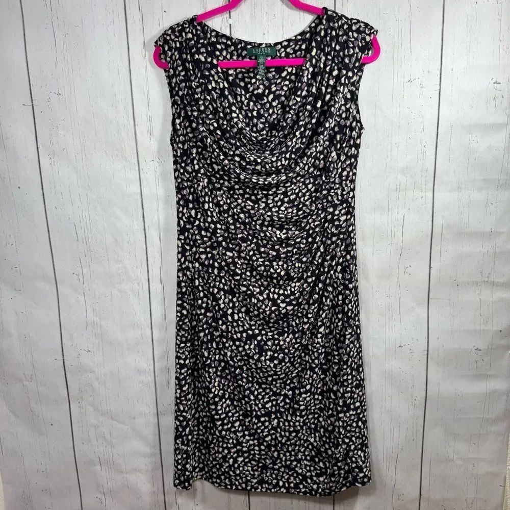 Lauren Ralph Lauren Black Animal Print Cowl Neck Sheath Dress Size 12 Career